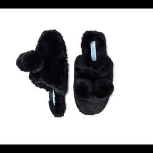 Calistoga V-fur Pom Pom Mule Black bedtime hard sole Slippers